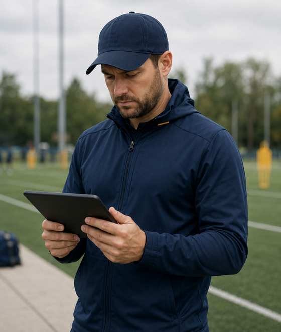 Coach reviewing athlete data on a tablet beside a training field